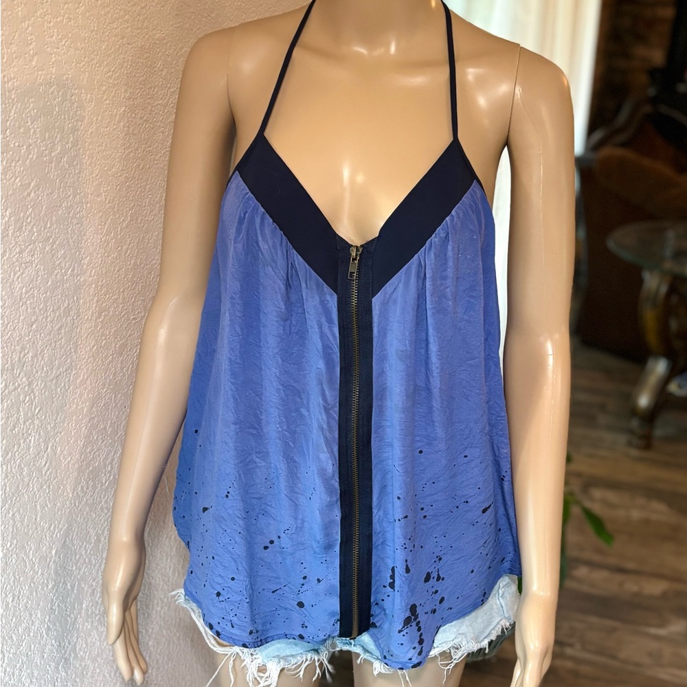 SILENCE + NOISE Zip-Up Silk Camisole Tank Top in Indigo Blue